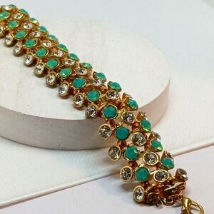 Green, White Rhinestone & Goldtone Bracelet